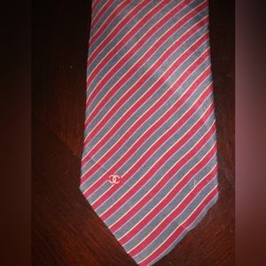 CHANEL Paris Luxury Men Red Wine Gray Striped Necktie Tie 100% Silk Logo CC 2052